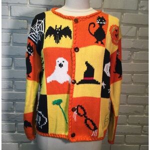 VTG Rey Wear Hand Knit Cardigan Sweater Halloween theme Small